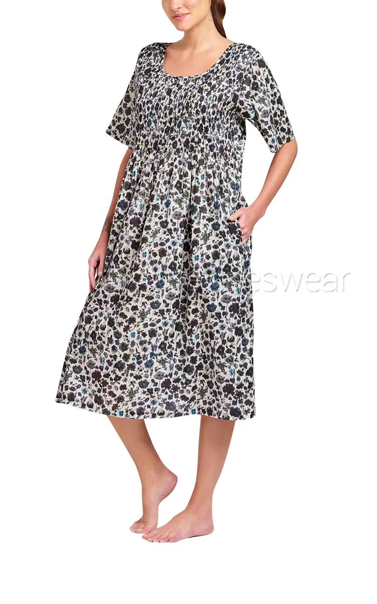 Arabella Angelina 100% Cotton Nightgown with Short Sleeve in Black Multicolour Floral MD-83K