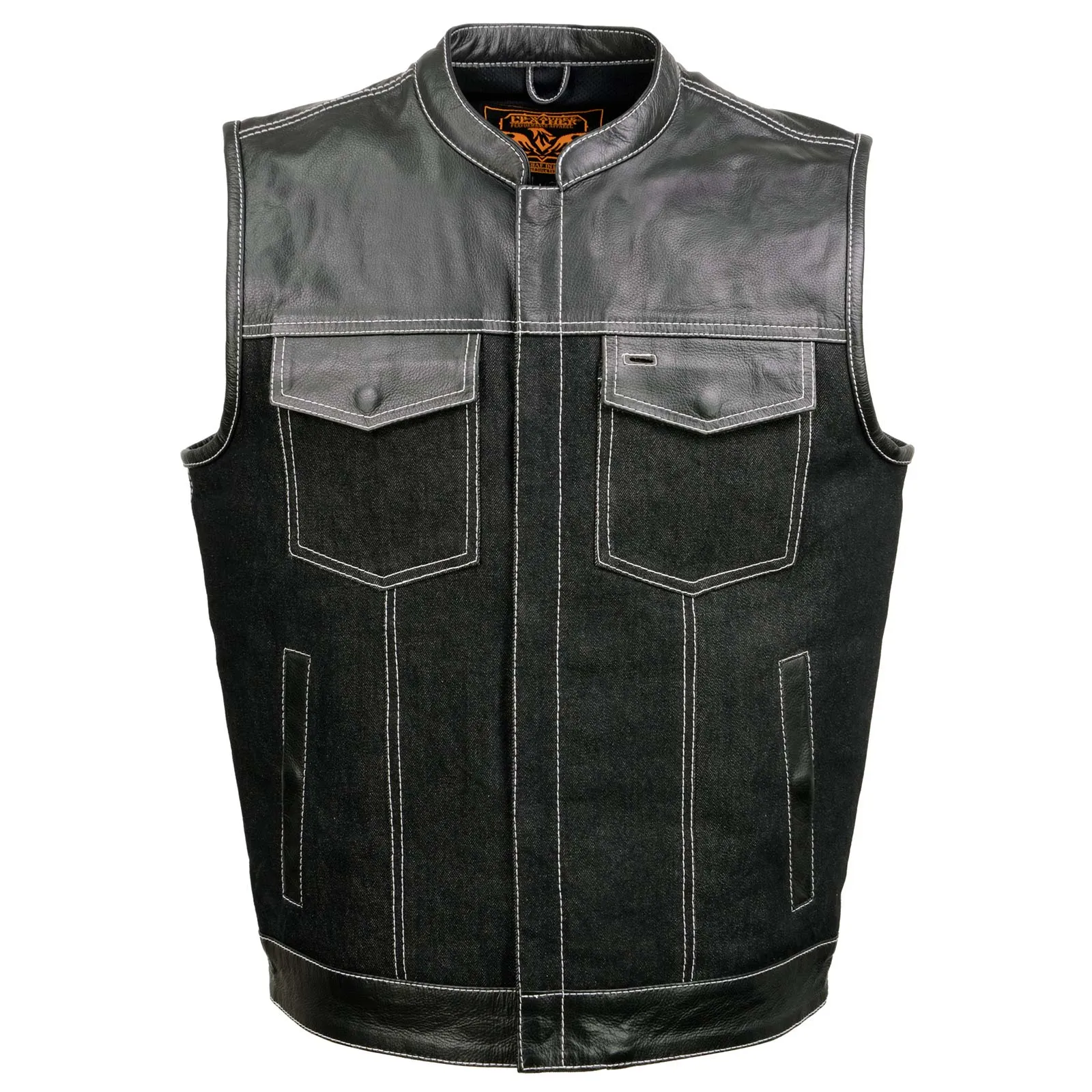Black MDM3006 Men's 'Brute' Black Denim and Black Leather Club Style Vest w/ Hidden Dual Closure