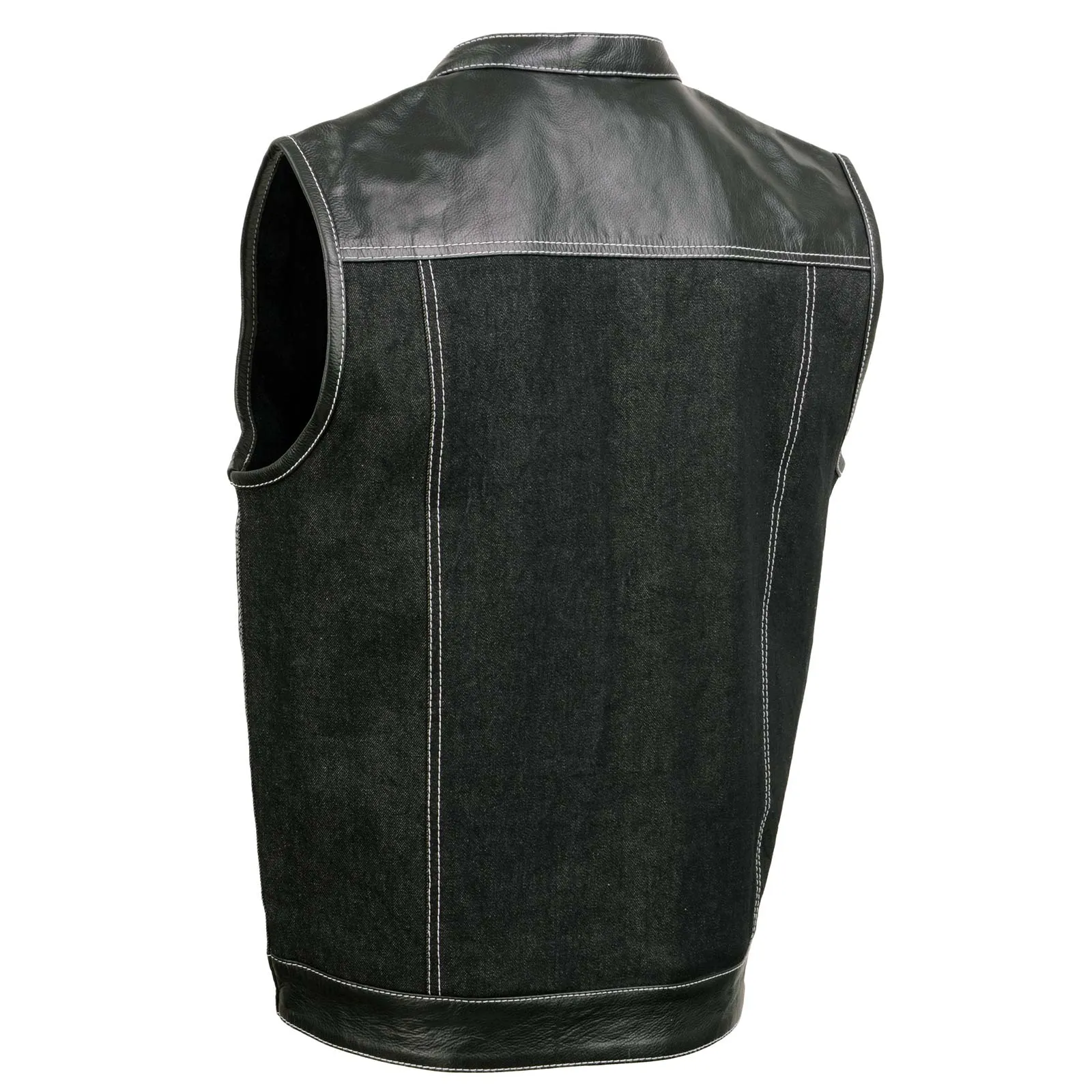 Black MDM3006 Men's 'Brute' Black Denim and Black Leather Club Style Vest w/ Hidden Dual Closure