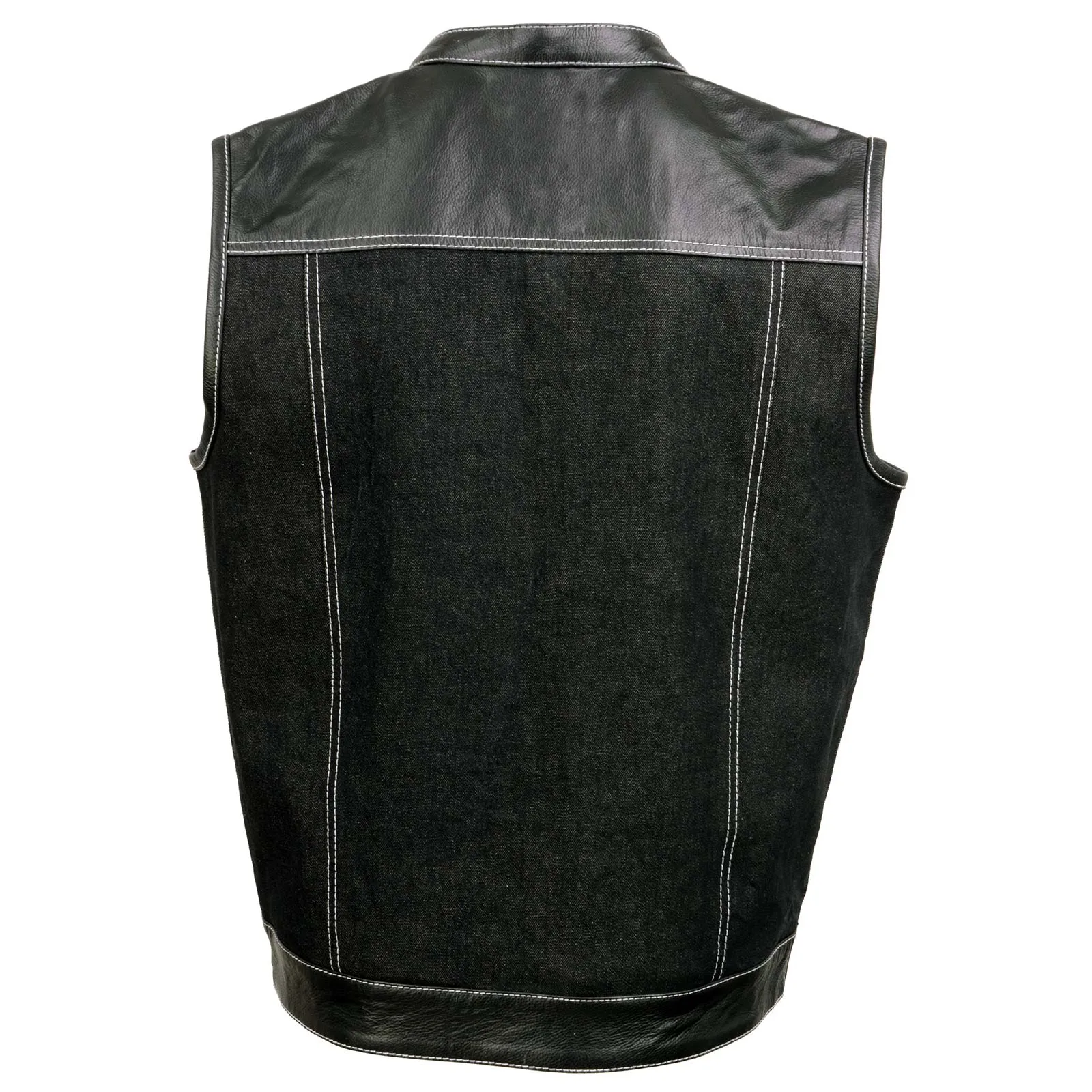 Black MDM3006 Men's 'Brute' Black Denim and Black Leather Club Style Vest w/ Hidden Dual Closure
