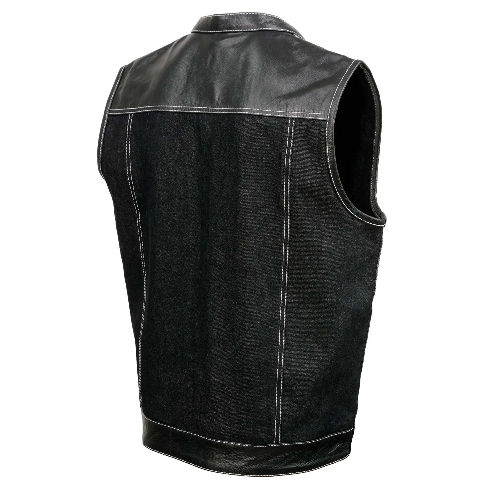Black MDM3006 Men's 'Brute' Black Denim and Black Leather Club Style Vest w/ Hidden Dual Closure