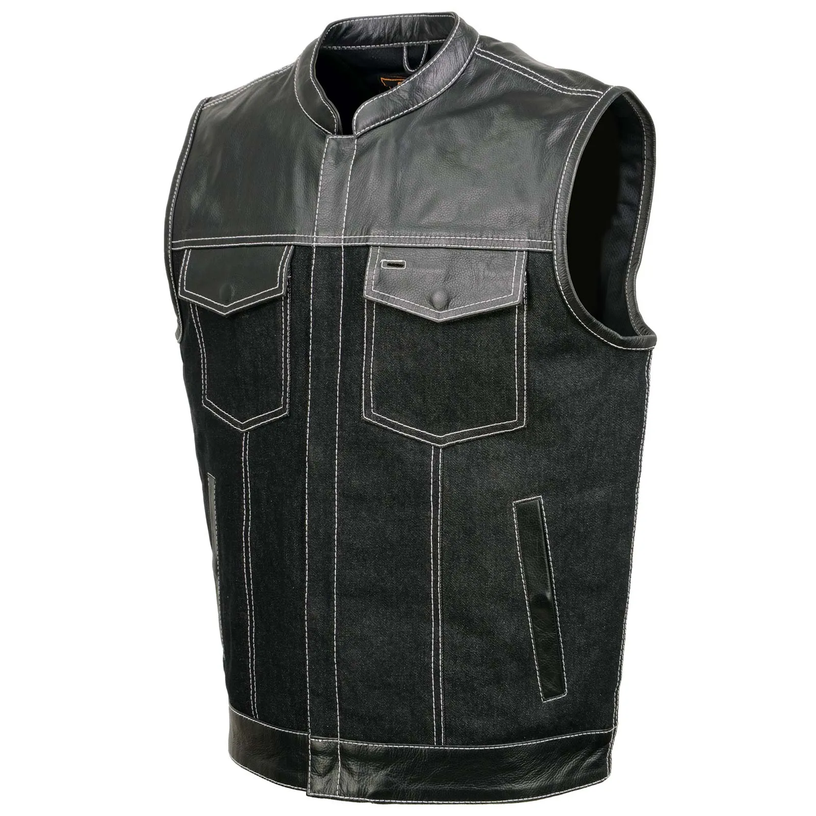 Black MDM3006 Men's 'Brute' Black Denim and Black Leather Club Style Vest w/ Hidden Dual Closure