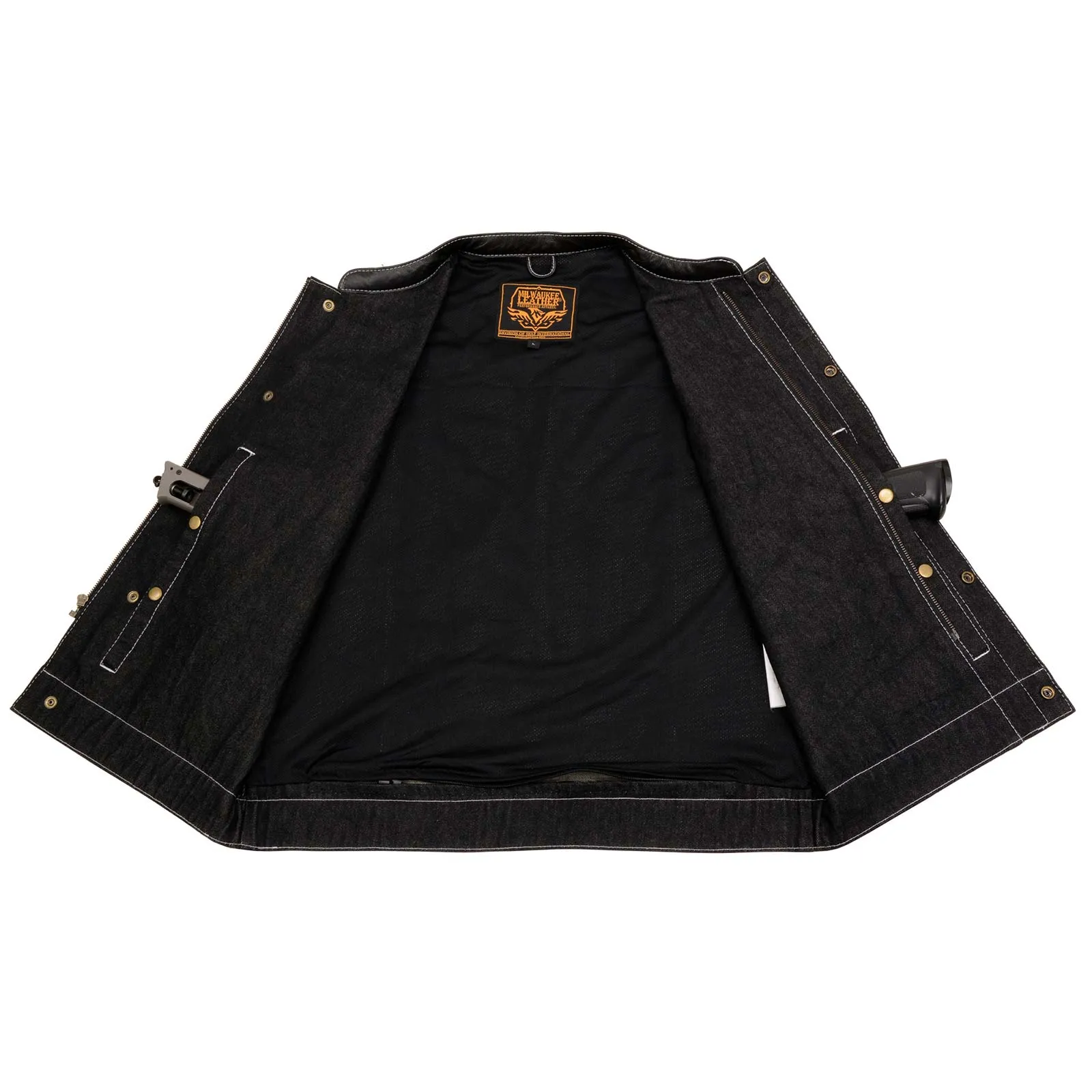 Black MDM3006 Men's 'Brute' Black Denim and Black Leather Club Style Vest w/ Hidden Dual Closure