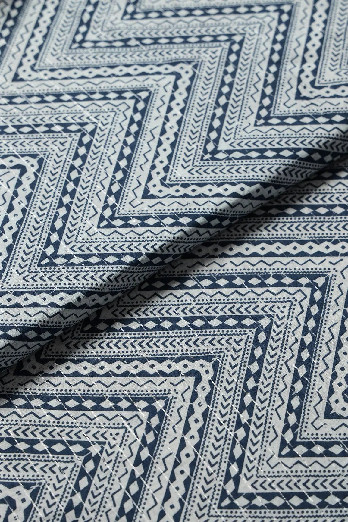 Blue And White Chevron Pattern Screen Print Lurex Organic Cotton Fabric