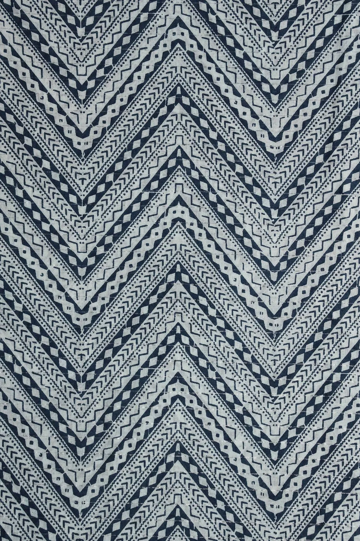 Blue And White Chevron Pattern Screen Print Lurex Organic Cotton Fabric