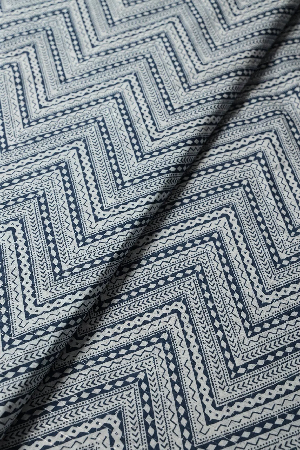 Blue And White Chevron Pattern Screen Print Lurex Organic Cotton Fabric