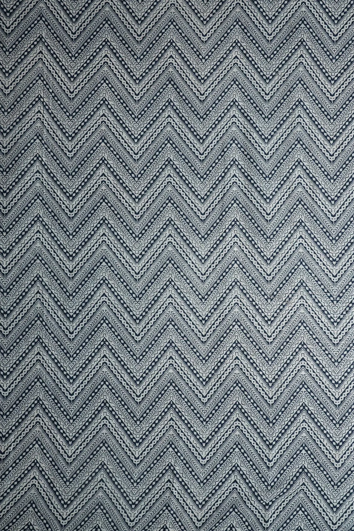 Blue And White Chevron Pattern Screen Print Lurex Organic Cotton Fabric