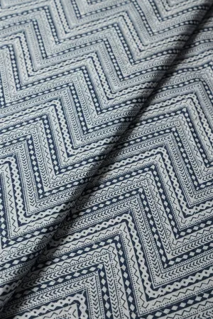 Blue And White Chevron Pattern Screen Print Lurex Organic Cotton Fabric