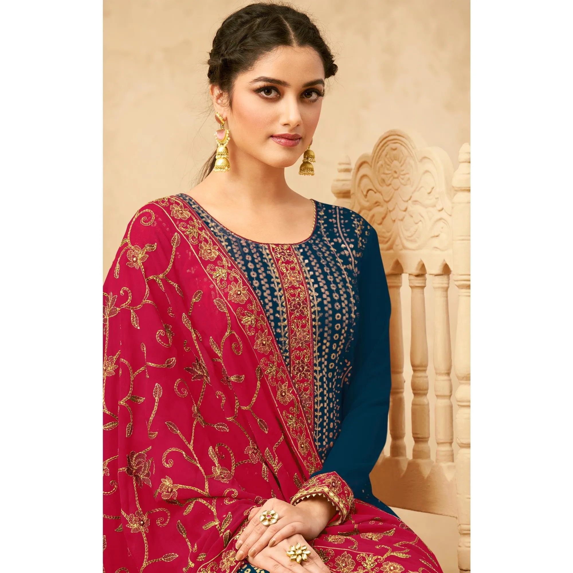 Blue Partywear Embroidered Pure Georgette Kurti Pant Set