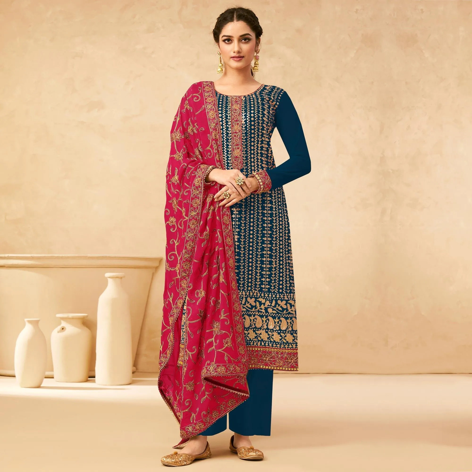 Blue Partywear Embroidered Pure Georgette Kurti Pant Set