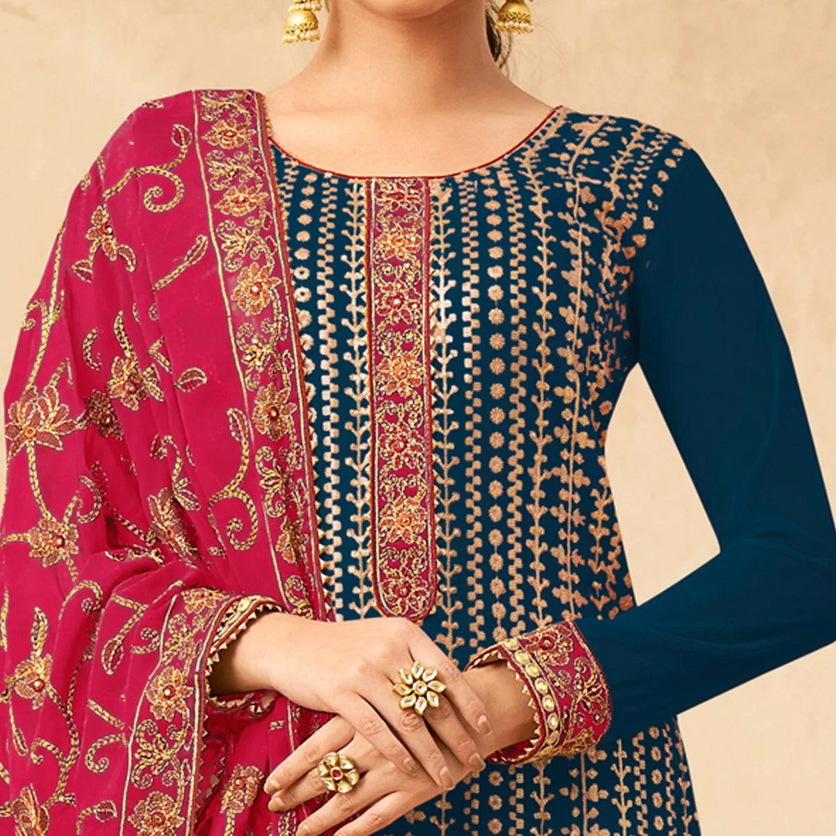 Blue Partywear Embroidered Pure Georgette Kurti Pant Set