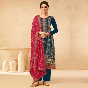 Blue Partywear Embroidered Pure Georgette Kurti Pant Set