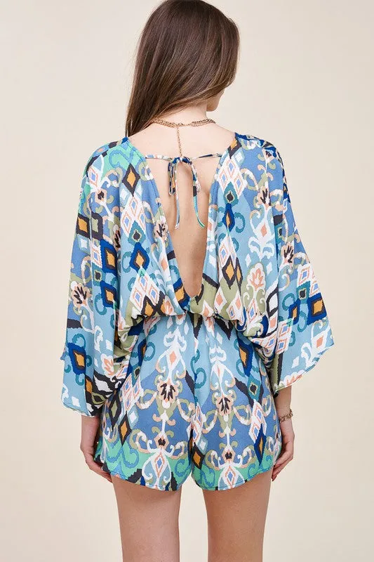 Blue Retro Floral Print Deep V-Neck Wide Sleeve Romper