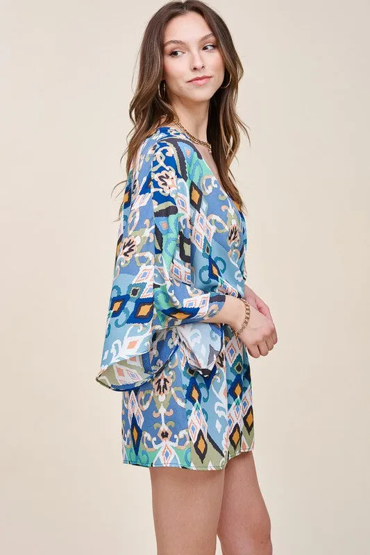 Blue Retro Floral Print Deep V-Neck Wide Sleeve Romper