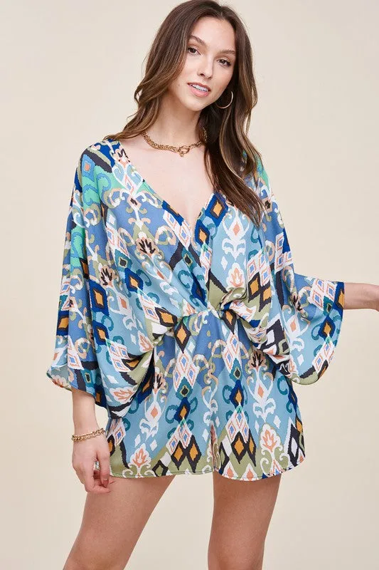 Blue Retro Floral Print Deep V-Neck Wide Sleeve Romper