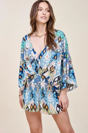 Blue Retro Floral Print Deep V-Neck Wide Sleeve Romper