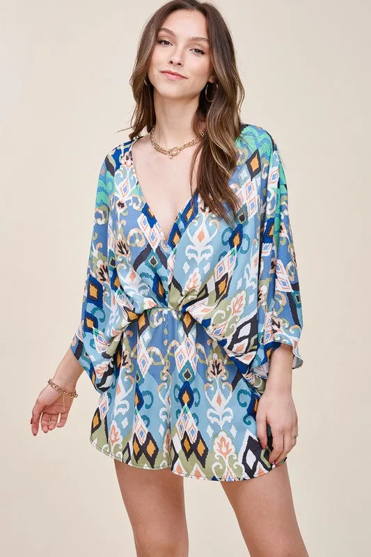 Blue Retro Floral Print Deep V-Neck Wide Sleeve Romper