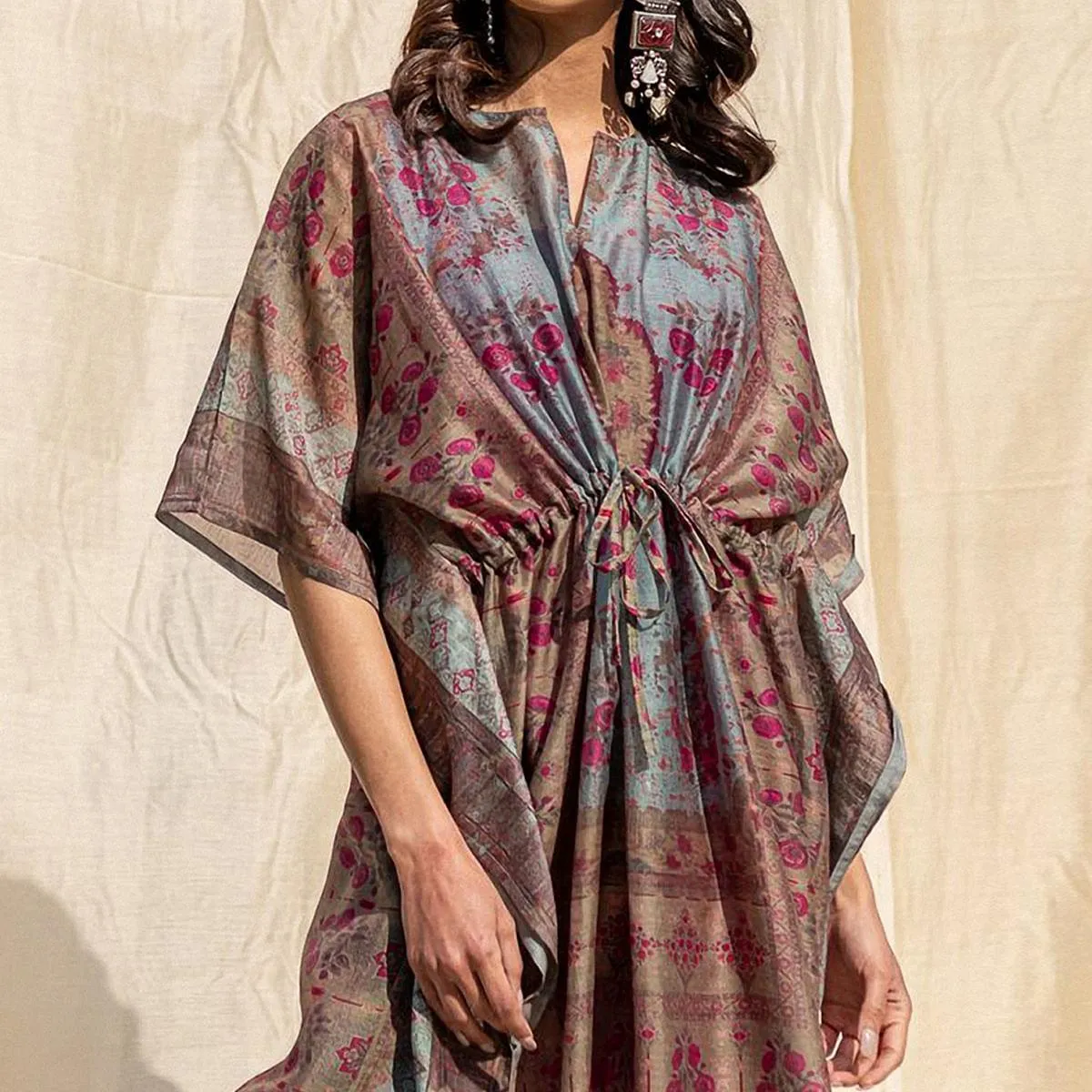 Brown Casual Wear Floral Digtial Printed Silk Kaftan Kurti