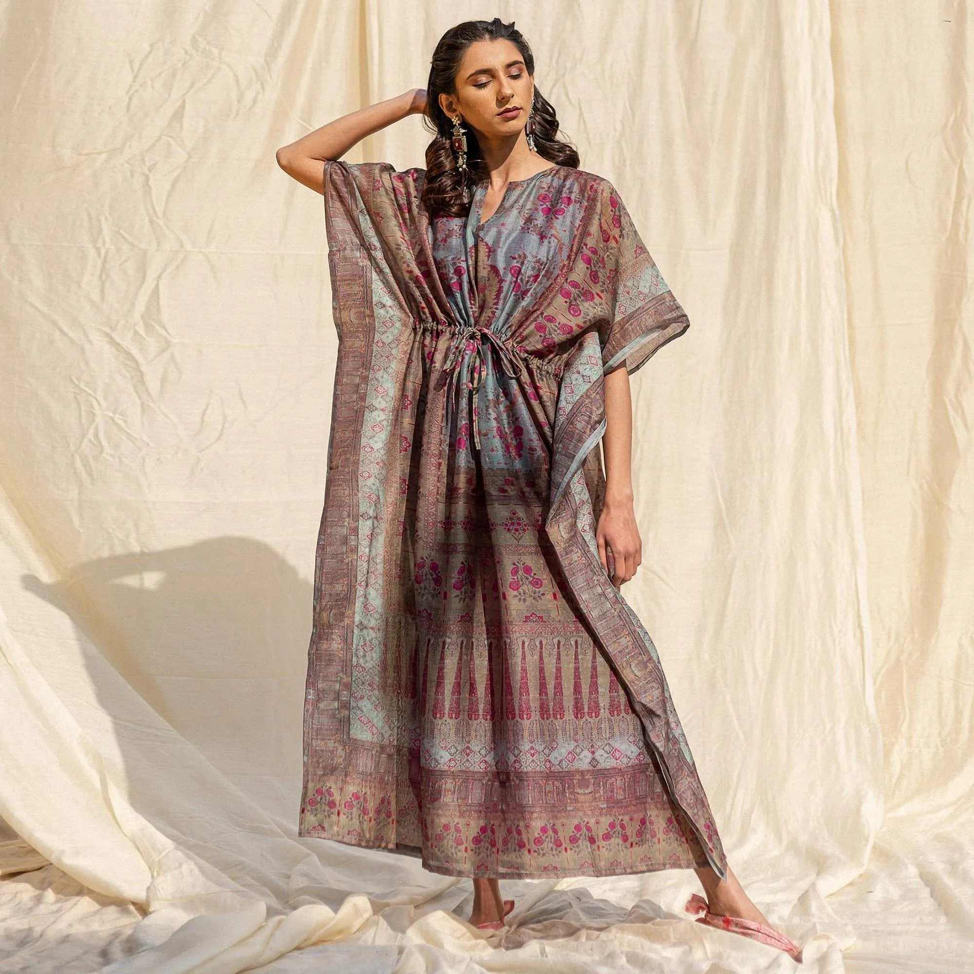Brown Casual Wear Floral Digtial Printed Silk Kaftan Kurti