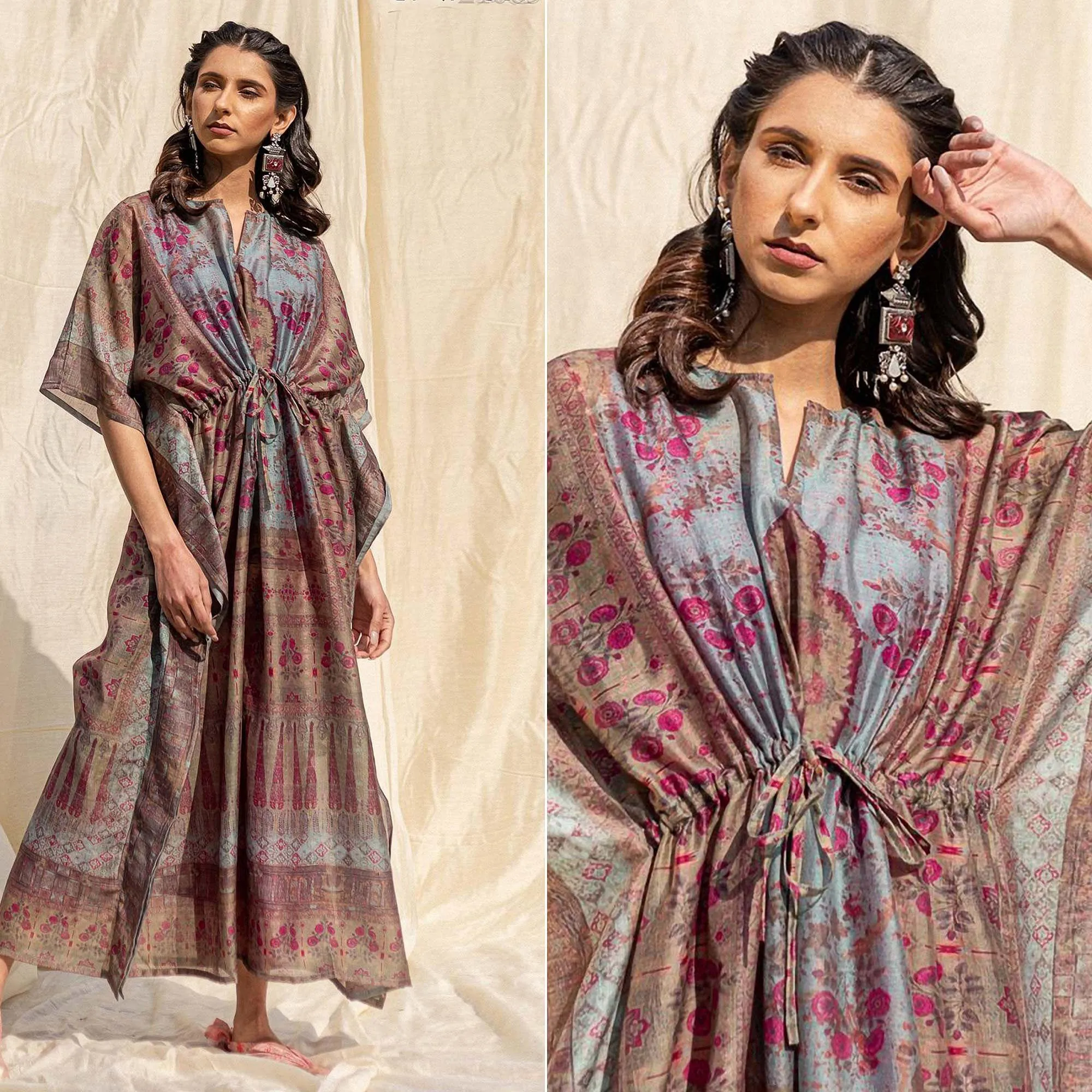 Brown Casual Wear Floral Digtial Printed Silk Kaftan Kurti