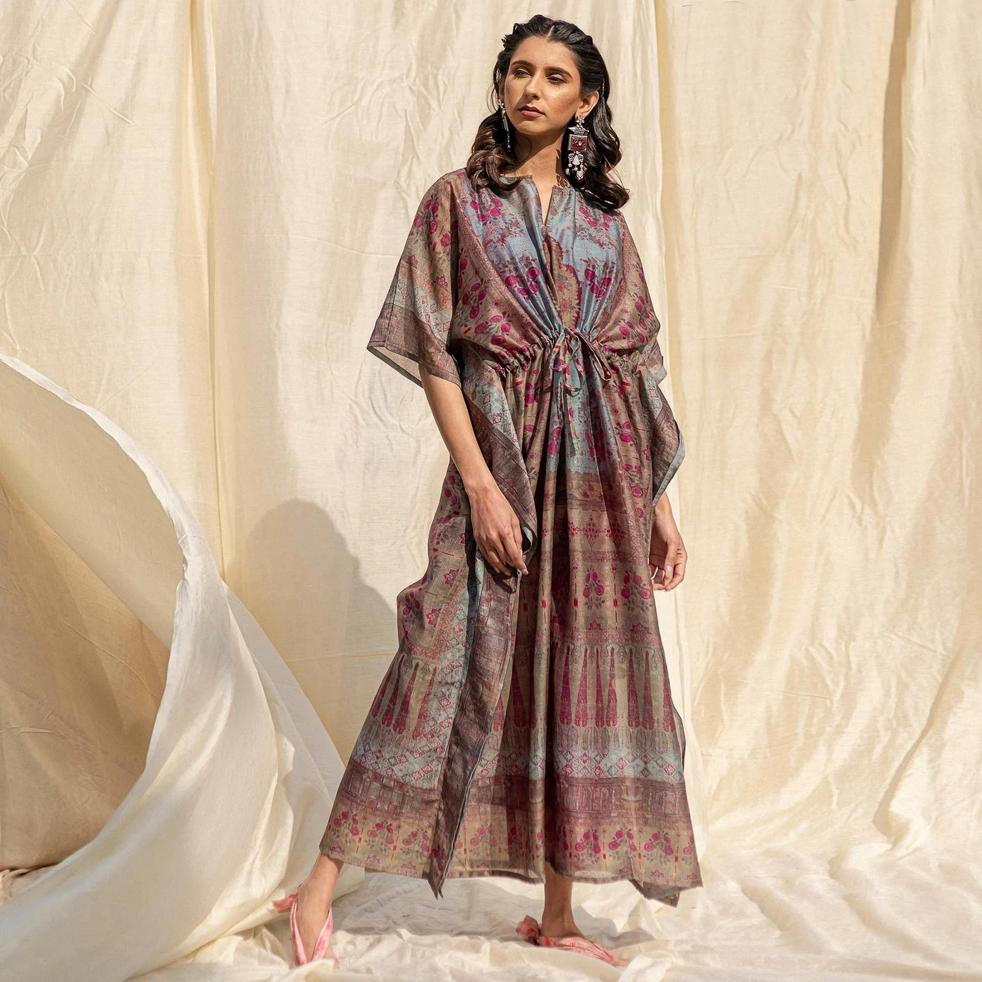 Brown Casual Wear Floral Digtial Printed Silk Kaftan Kurti