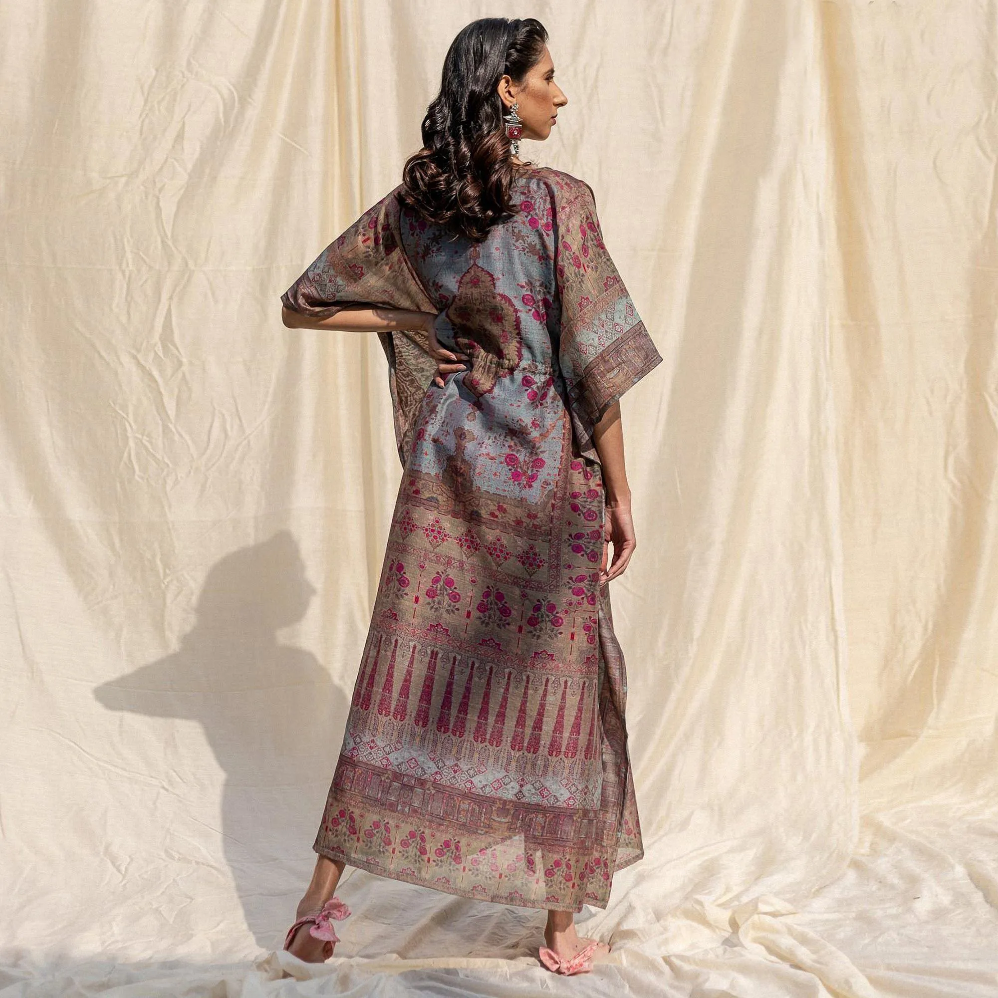 Brown Casual Wear Floral Digtial Printed Silk Kaftan Kurti