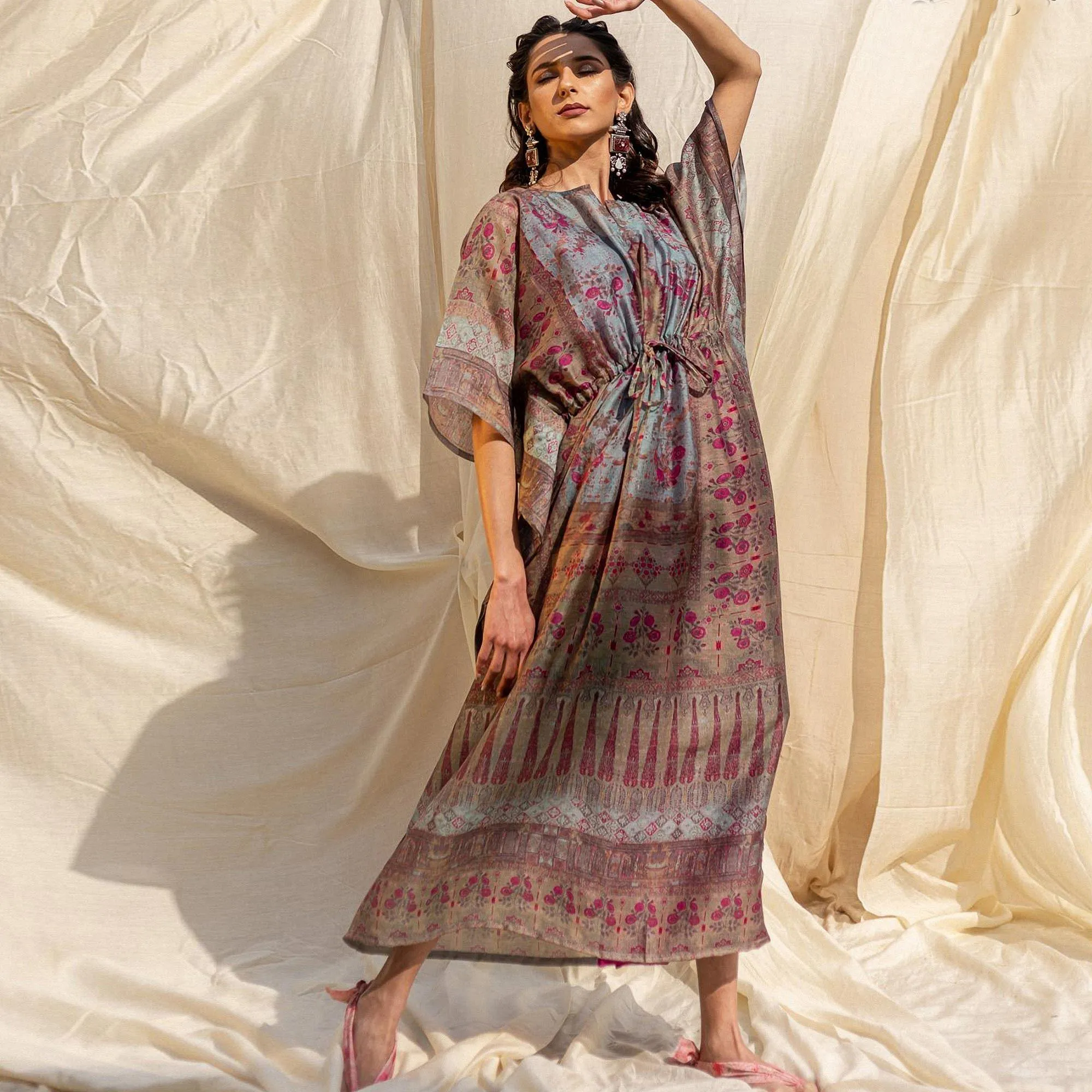 Brown Casual Wear Floral Digtial Printed Silk Kaftan Kurti