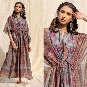 Brown Casual Wear Floral Digtial Printed Silk Kaftan Kurti
