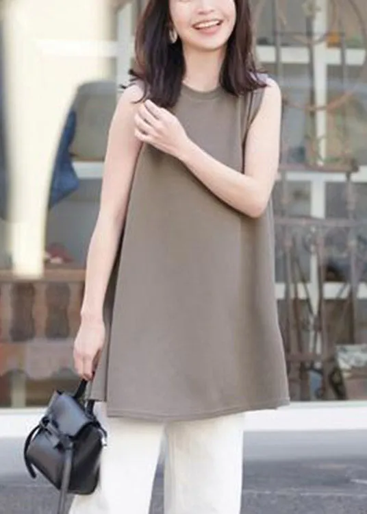 Coffee Solid Cotton T Shirt Sleeveless LY1973