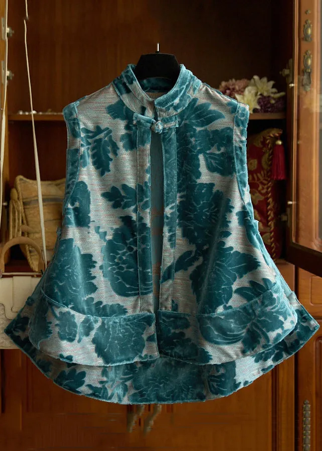 French Blue Print Low High Design Cotton Waistcoat Sleeveless LY9796