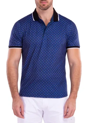 Geometric Detail Pattern Printed Polo Shirt Navy