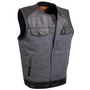 GREY MDM3005 Men's Brute Grey Denim w/ Black Perforated Leather Club Style Vest w/ Hidden Dual Closure
