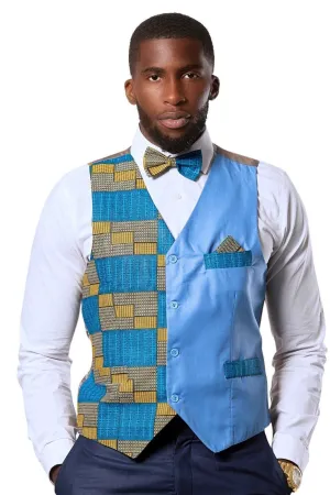 Kael African Print Kente Men's Fit Suit Vest (Blue & Gold)