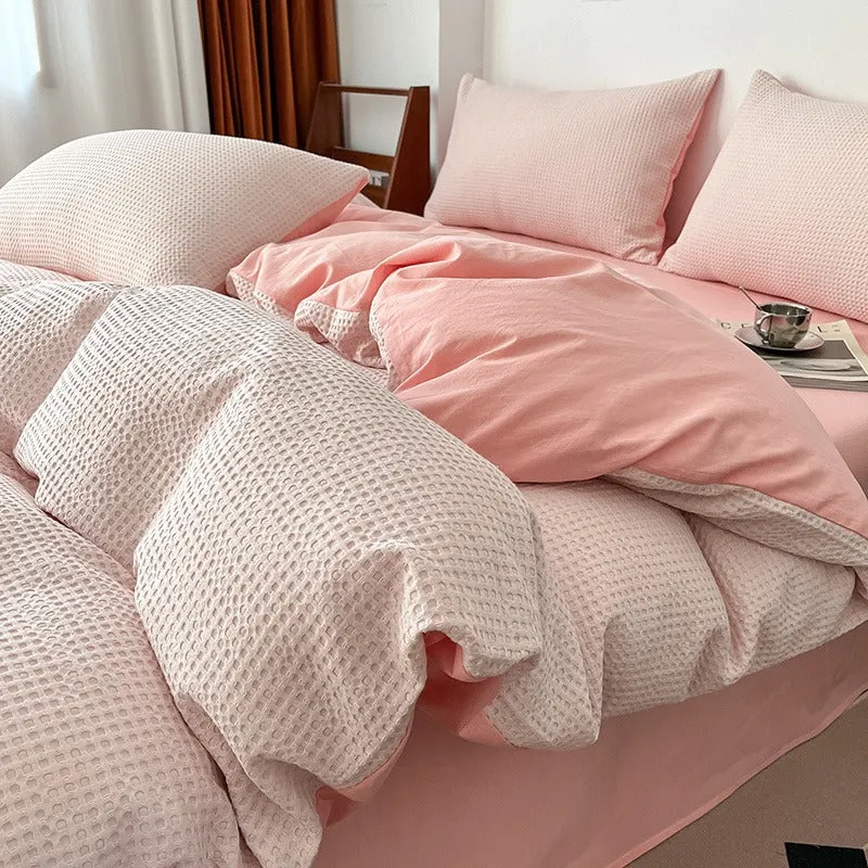 Light Luxury Waffle Pure Cotton Washed Soft Four-Piece Bed Set