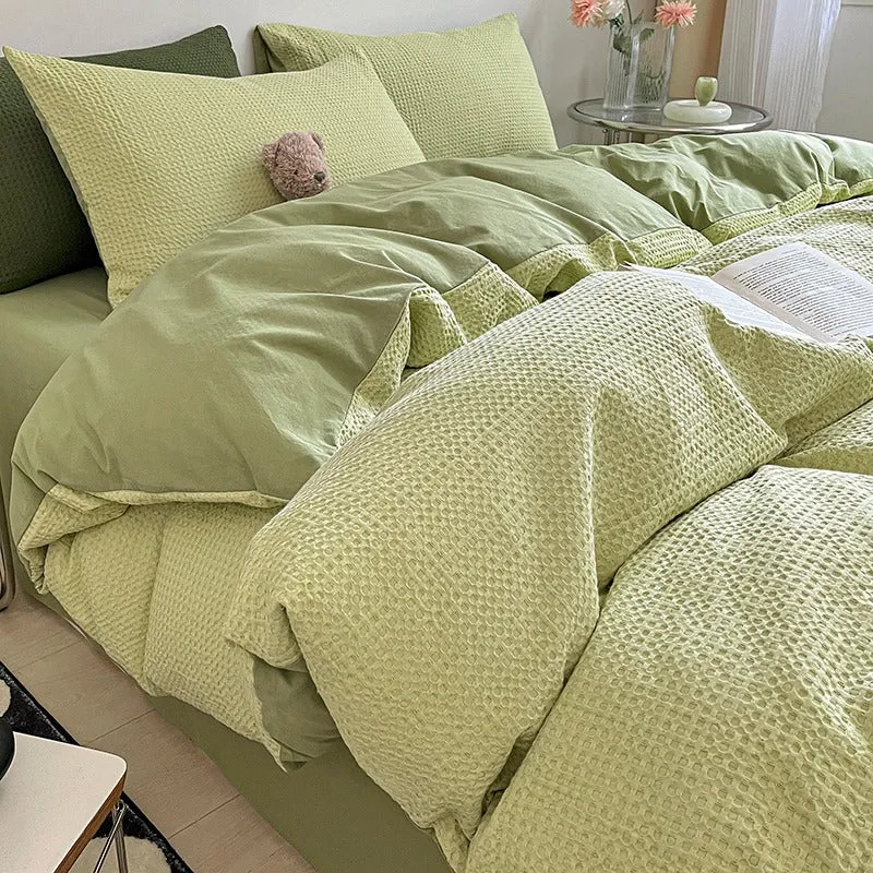 Light Luxury Waffle Pure Cotton Washed Soft Four-Piece Bed Set