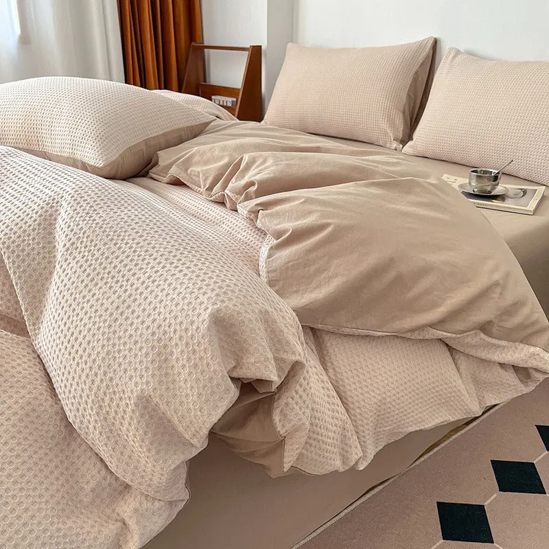 Light Luxury Waffle Pure Cotton Washed Soft Four-Piece Bed Set