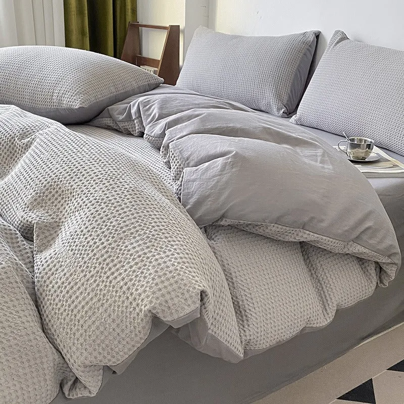 Light Luxury Waffle Pure Cotton Washed Soft Four-Piece Bed Set