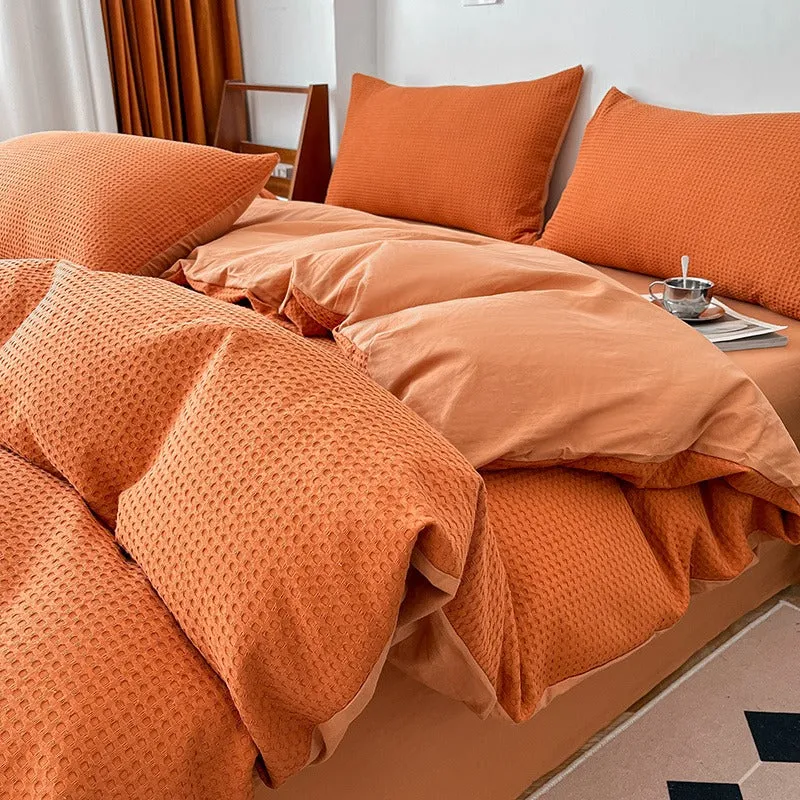 Light Luxury Waffle Pure Cotton Washed Soft Four-Piece Bed Set