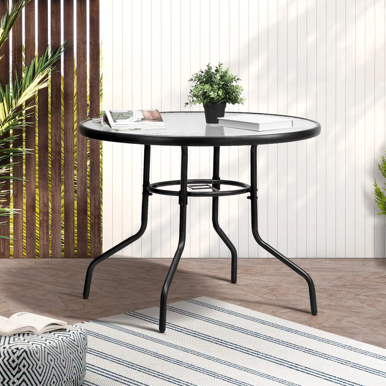 Livsip 90cm Outdoor Dining Glass Table Round Patio Furniture Bistro Set Black