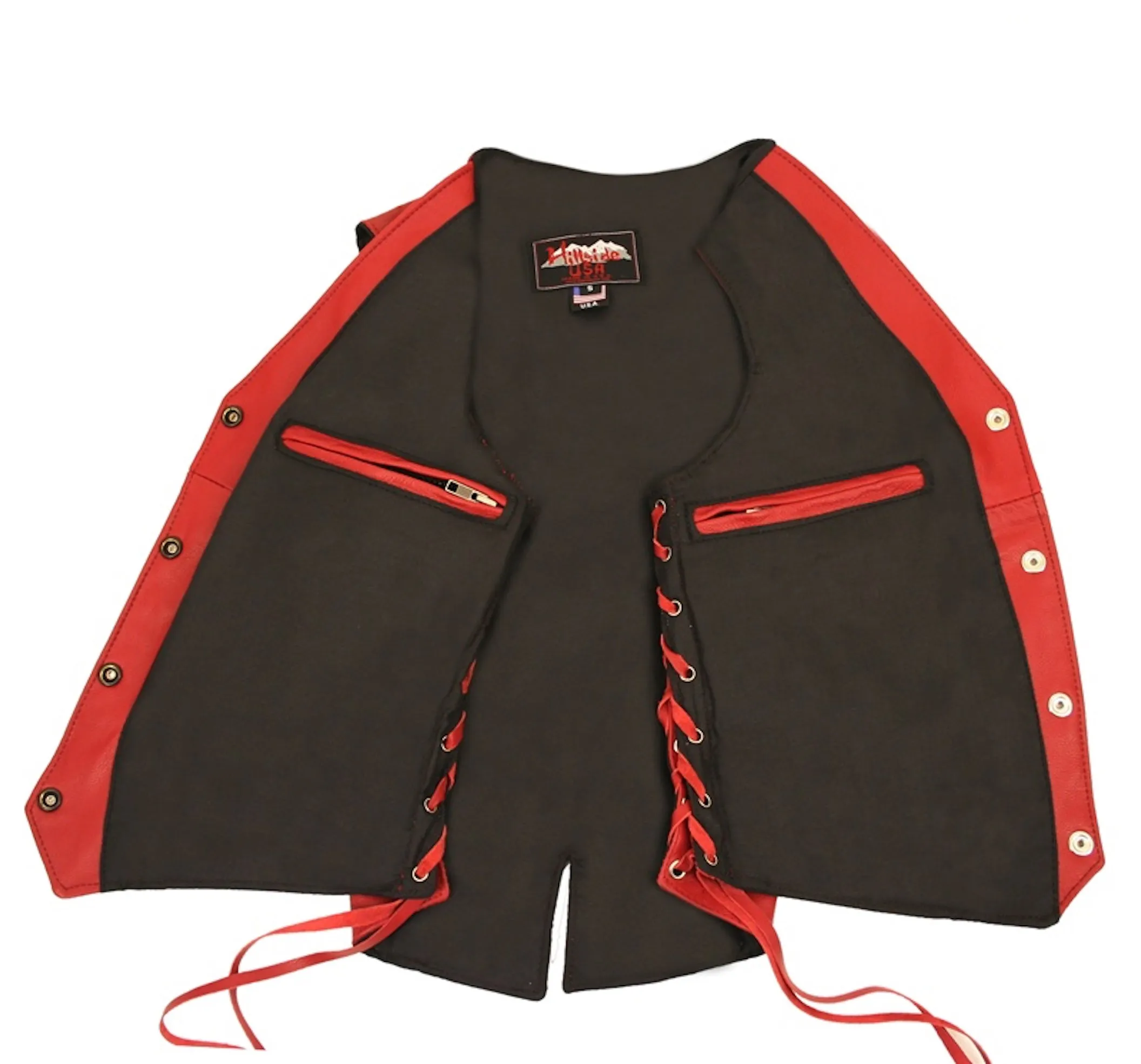 Made in USA Ladies Red Leather Motorcycle Biker Vest Side Laces