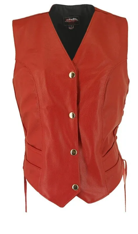 Made in USA Ladies Red Leather Motorcycle Biker Vest Side Laces