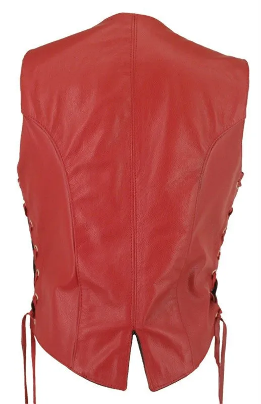 Made in USA Ladies Red Leather Motorcycle Biker Vest Side Laces
