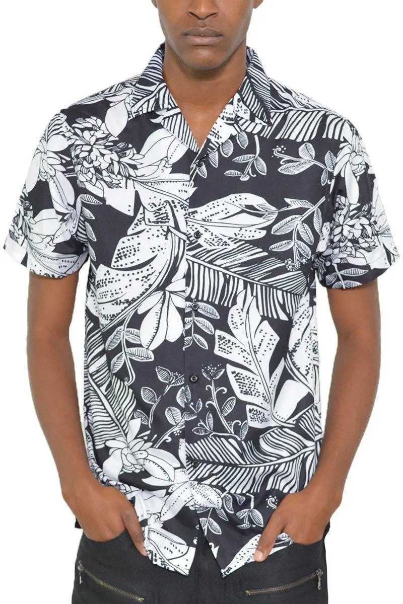 Mens Black & White Jungle Print Button Down Shirt