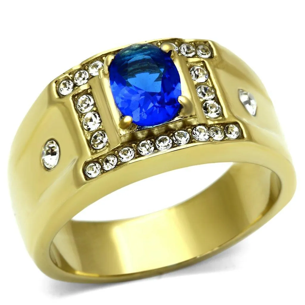 Mens Gold And Blue Ring Stainless Steel Synthetic Glass