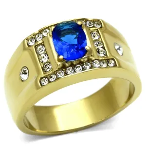 Mens Gold And Blue Ring Stainless Steel Synthetic Glass