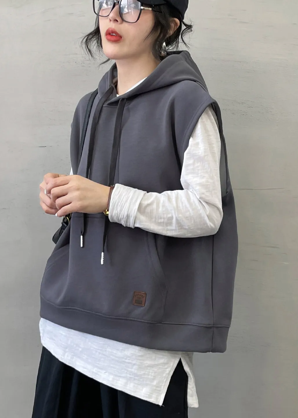 Modern Grey drawstring Cotton Pullover Vest Sleeveless