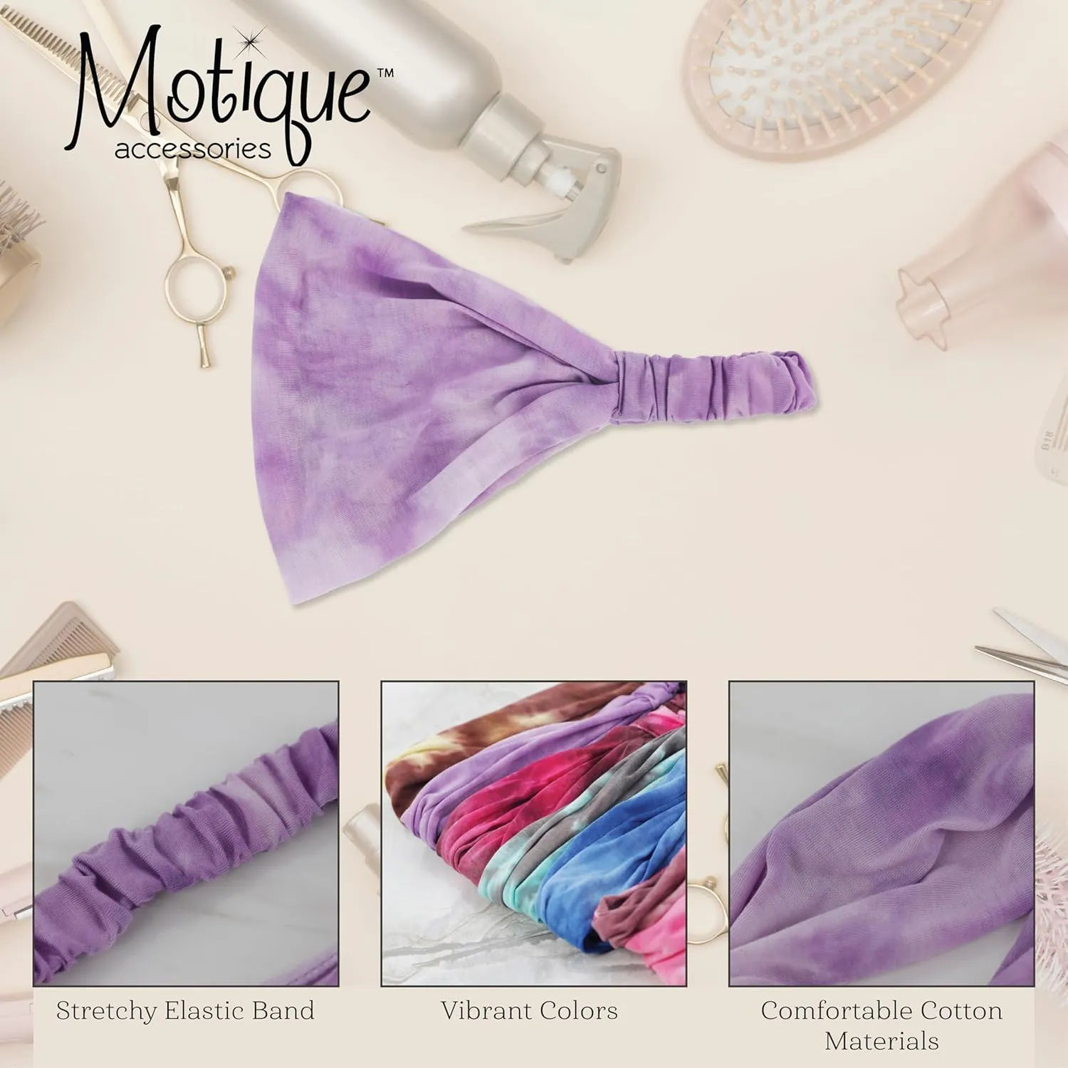 Motique Accessories Cotton Tie Dye Wide & Stretchy Headwrap for Women - Lavender