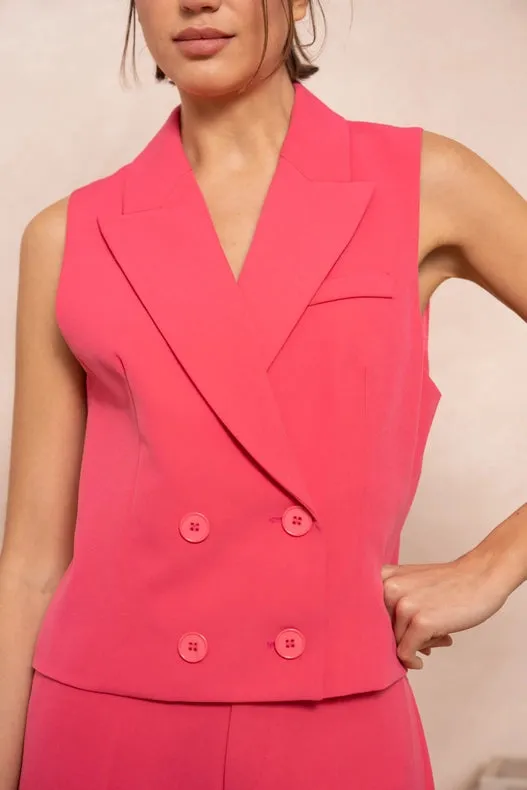 Plain Cropped Sleeveless Suit Vest Fuchsia