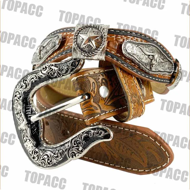 TOPACC Western Super Concho Silver Longhorn Cow Bull Brown Country Belts Genuine Leather