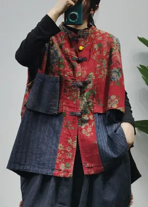 Vintage Red Stand Collar Chinese Button Patchwork print Cotton Vest Sleeveless